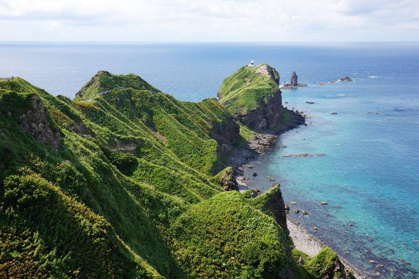the cliffs and clear blue sea at Cape Kamui