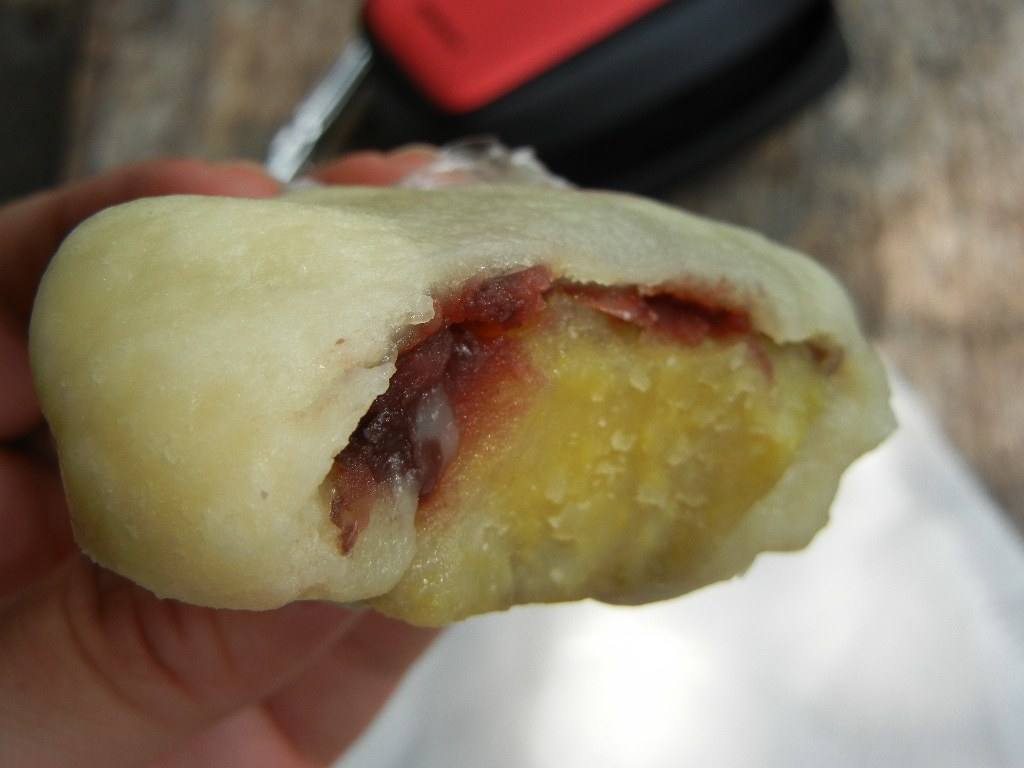 ikinari dango, sweet potato and red bean in a rice dumpling