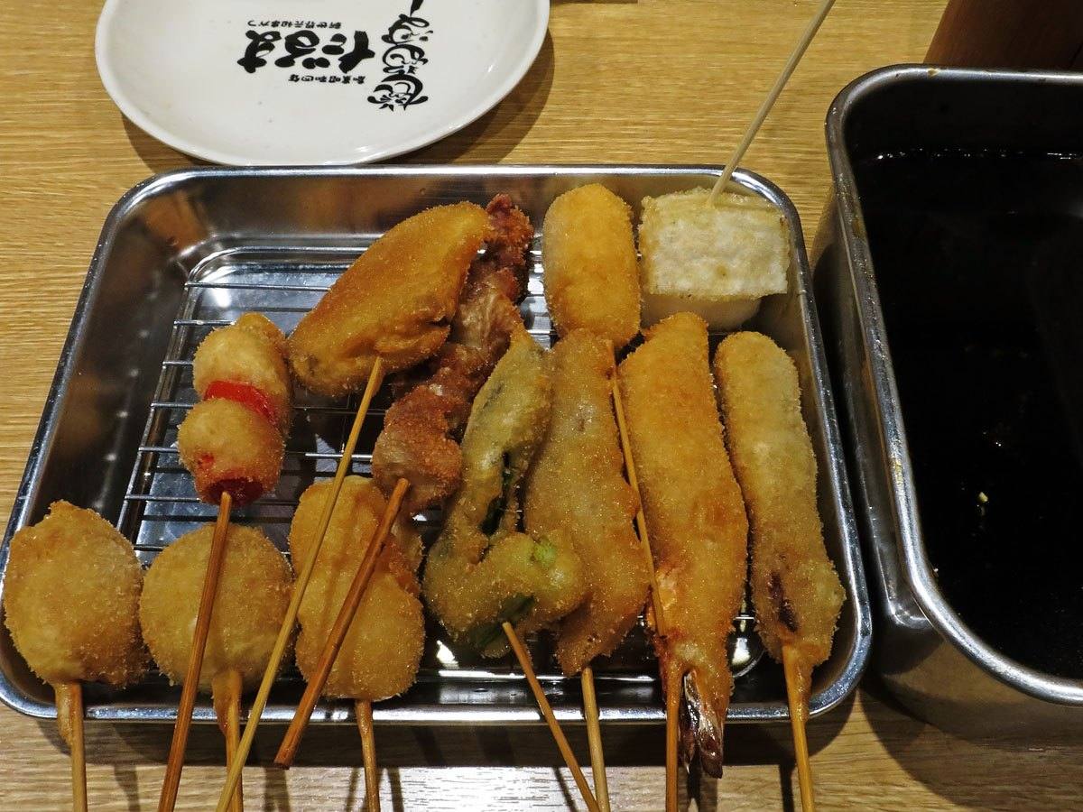 kushikatsu, skewers fried in breadcrumbs