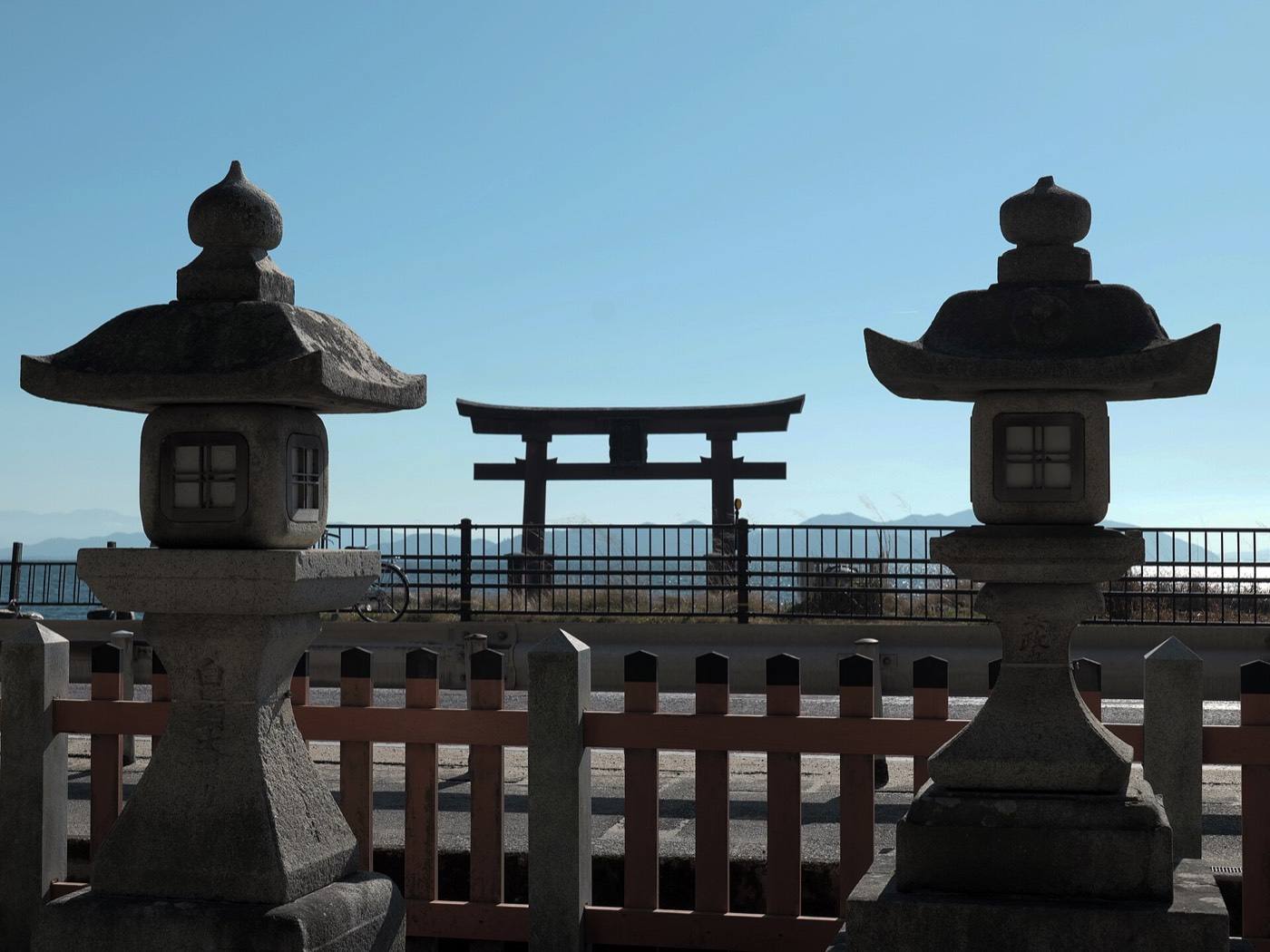 the torii standing in Lake Biwa at Shirahige Shrine