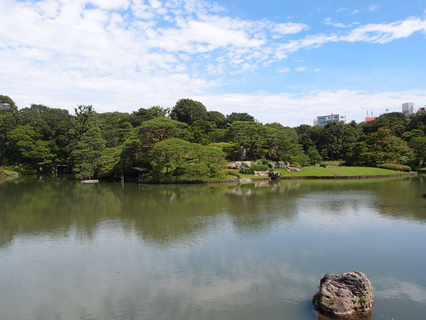 the pond and pines of Rikugien garden in Tokyo