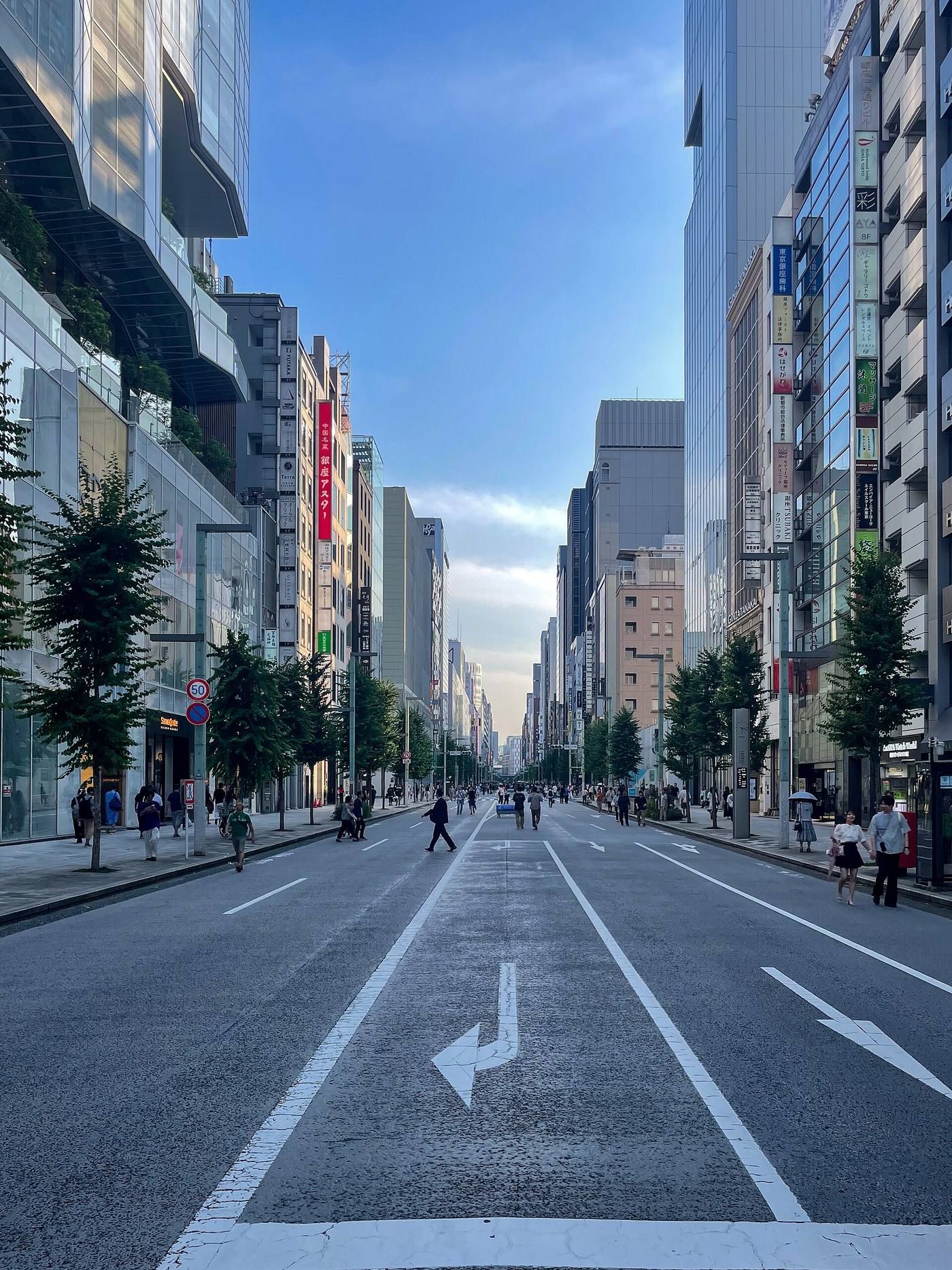 Chuo-dori in Ginza closed to cars, lined with ginkgo trees